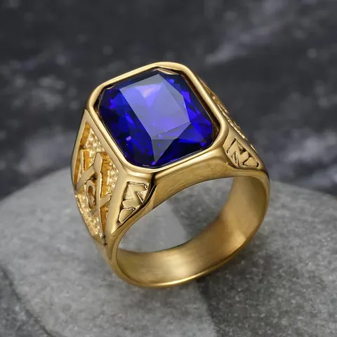 Stainless Steel Masonic Ring For Men Vintage Hip Hop Business Gold Plated Ring With Colored Gemstone Fashion Jewelry Gift