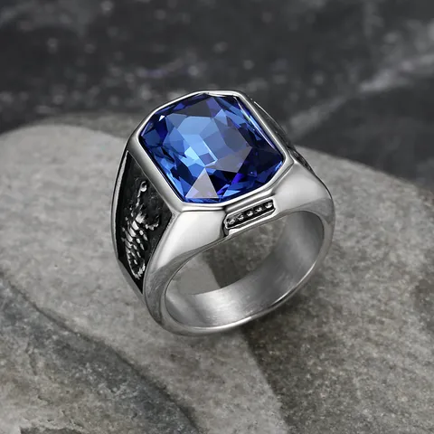 Men Vintage Stainless Steel Scorpion Ring Hip Hop Business Style Rectangular Rhinestone Signet Ring Fashion Finger Jewelry