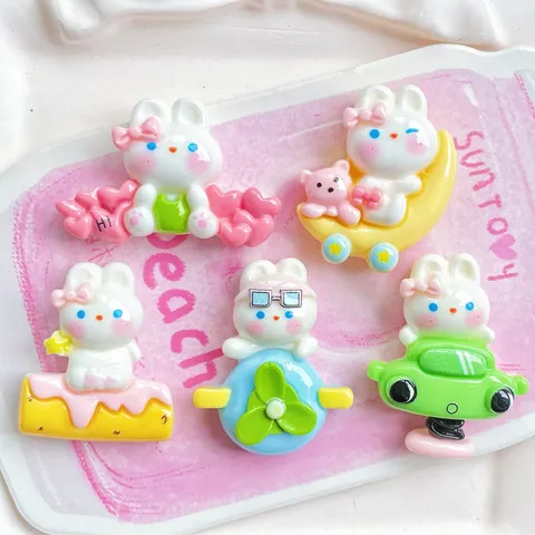 Cartoon Resin Rabbit Charms DIY Accessories For Hair Clip Phone Case Cream Glue Rocking Car Airplane Moon Rabbit Resin Flatback Charms