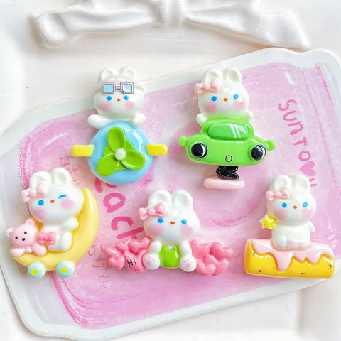 Cartoon Resin Rabbit Charms DIY Accessories For Hair Clip Phone Case Cream Glue Rocking Car Airplane Moon Rabbit Resin Flatback Charms