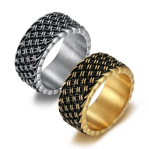 Retro Punk Braided Stainless Steel Ring For Men Niche Design Wide Band Fashion Jewelry Finger Ring Gift