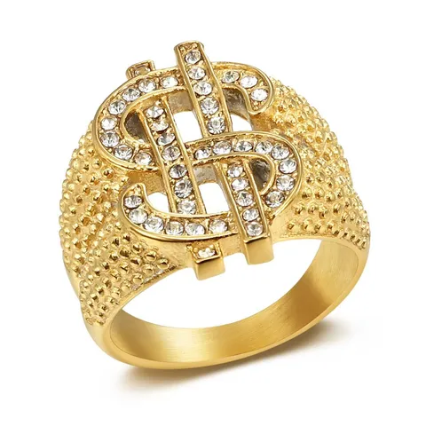 Men Hip Hop Stainless Steel Dollar Sign Ring Full Rhinestone Pave Punk Statement Finger Ring Fashion Jewelry Gift