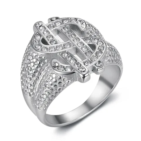 Men Hip Hop Stainless Steel Dollar Sign Ring Full Rhinestone Pave Punk Statement Finger Ring Fashion Jewelry Gift