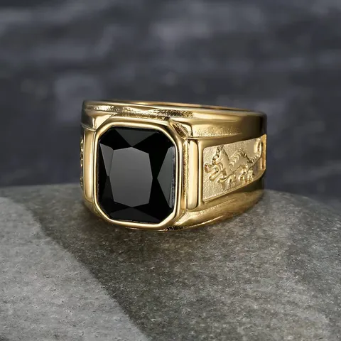 Men Titanium Steel Dragon Pattern Ring Gold Plated Stainless Steel Ring With Red Black Blue Gemstone Fashion Punk Jewelry