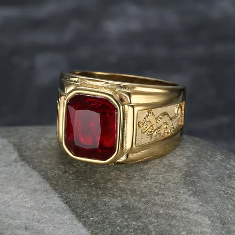 Men Titanium Steel Dragon Pattern Ring Gold Plated Stainless Steel Ring With Red Black Blue Gemstone Fashion Punk Jewelry
