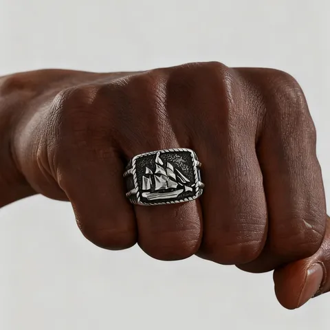 Men's Vintage Stainless Steel Sailing Ring Retro Nautical Punk Style Distressed Sailboat Band Ring Jewelry Gift For Men