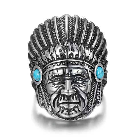 Anillo de Jefe Indio de Acero Inoxidable Retro para Hombres Anillo de Dedo de Turquesa Tallado Vintage Regalo de Joyería Punk