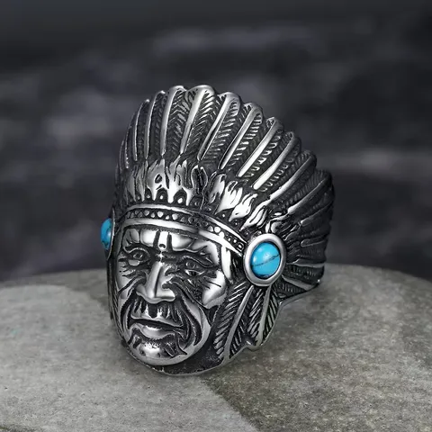 Anillo de Jefe Indio de Acero Inoxidable Retro para Hombres Anillo de Dedo de Turquesa Tallado Vintage Regalo de Joyería Punk