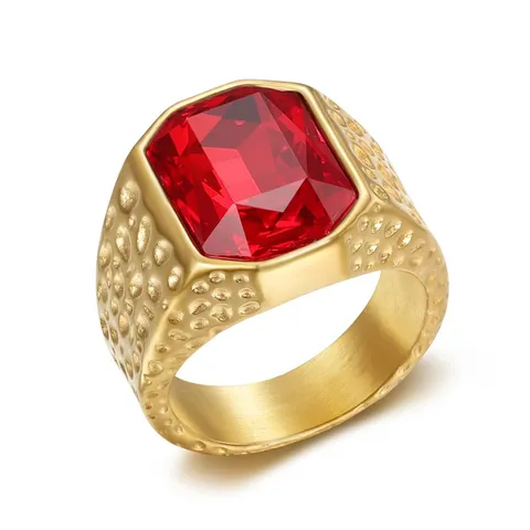 Men's Stainless Steel Gold Plated Hammered Ring With Rectangular Rhinestone Hip Hop Fashion Jewelry Finger Ring