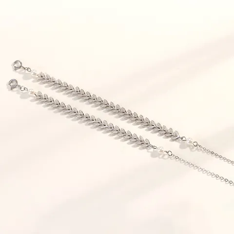 Tobillera de Plata de Ley 925 con Espiga de Trigo y Perla Artificial para Mujer Diseño de Hoja Pluma Cadena de Pie Ajustable Joyería Elegante