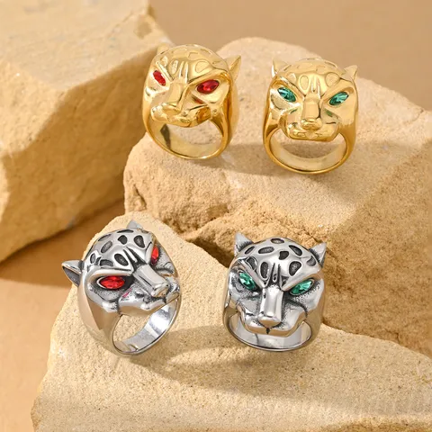 Vintage Punk 304 Stainless Steel Leopard Ring Men Rhinestone Eye Animal Band Ring Fashion Jewelry