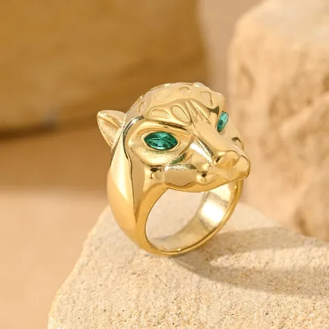 Vintage Punk 304 Stainless Steel Leopard Ring Men Rhinestone Eye Animal Band Ring Fashion Jewelry