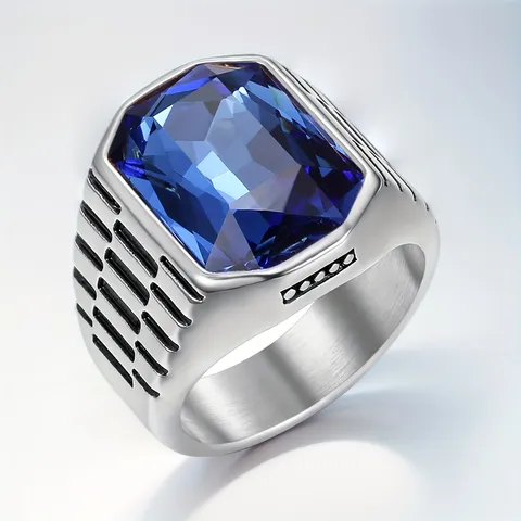 Men's Hip Hop Stainless Steel Ring Retro Square Cut Rhinestone Geometric Punk Band Finger Jewelry Gift