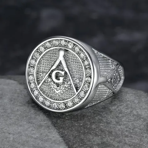 Vintage Men Stainless Steel Masonic Cross Ring Gold Steel Color Masonic Emblem Rhinestone Signet Ring Fashion Jewelry