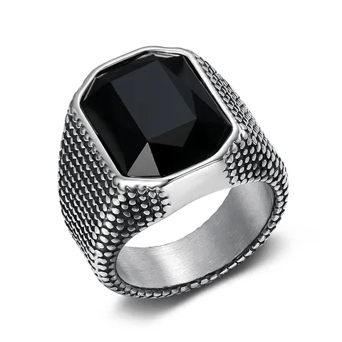 Vintage Retro Stainless Steel Wide Band Ring For Men Gothic Hip Hop Geometric Zirconia Statement Finger Jewelry