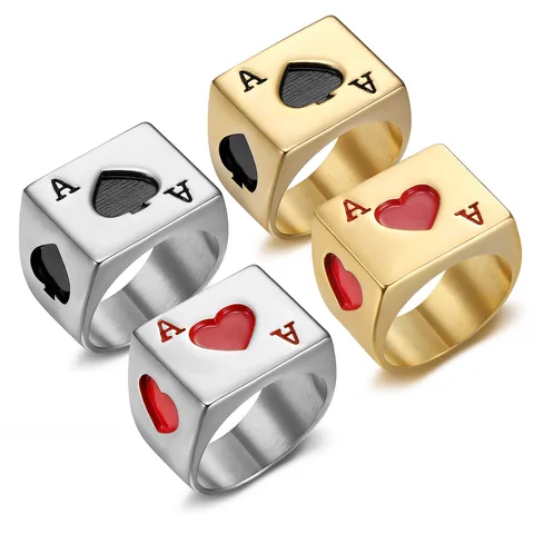 Men Vintage Stainless Steel Signet Ring Square Playing Card Spade Heart Ace Ring Fashion Jewelry Casual Accessory