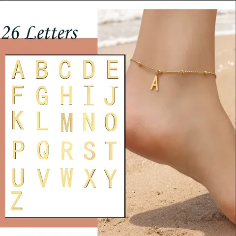 Minimalist 18K Gold Plated Titanium Steel Beaded Anklet For Women Letter Charm Beach Foot Jewelry Stainless Steel