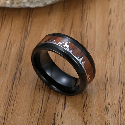 Men Stainless Steel Ring Reindeer Wood Grain Mountain Scenery Elk Ring Fashion Jewelry Finger Ring Gift