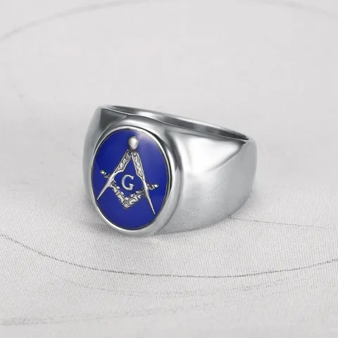 Men Stainless Steel Freemason Signet Ring Vintage Punk Hip Hop Masonic Letter G Blue Enamel Ring Fashion Jewelry