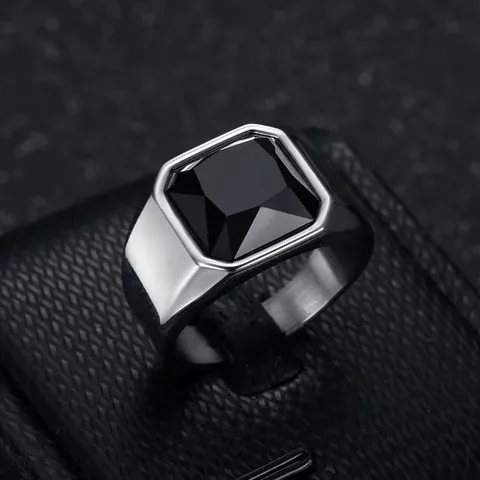 Minimalist Stainless Steel Square Cut Rhinestone Ring For Men Retro Geometric Fashion Jewelry Finger Ring