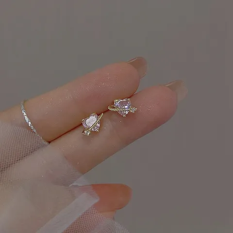 Pendientes de Botón de Plata de Ley S925 Corazón Planeta Circonita Rosa Diseño de Nicho Joyería Exquisita para Mujer