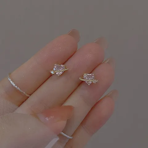Pendientes de Botón de Plata de Ley S925 Corazón Planeta Circonita Rosa Diseño de Nicho Joyería Exquisita para Mujer