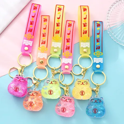 Creative Liquid Quicksand Lucky Cat Keychain Cute Acrylic Cartoon Floating Pendant Car Ornament Keyring Gift For Couples Friend Key Chain Decorative Charm Bag Hanging Decor