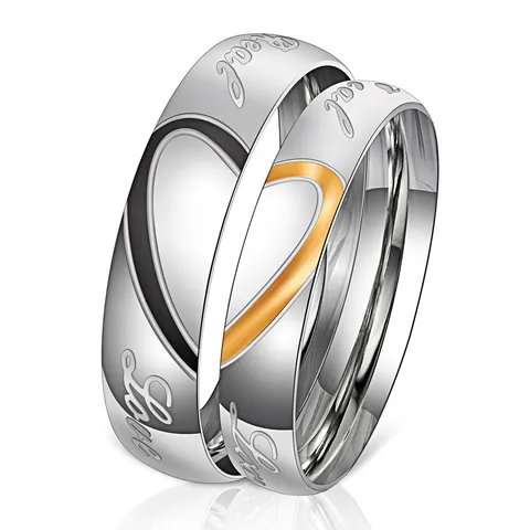 Mode Titanstahl Paar Ringe Real Love Herz Spleißen Poliert Silber Ring Für Herren Damen Valentinstag Schmuck