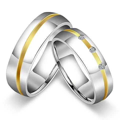 Fashion Stainless Steel Rhinestone Couple Ring Two-Tone Gold Inlaid Band Ring Japanese Korean Creative Finger Ring For Lovers Daily Jewelry Gift
