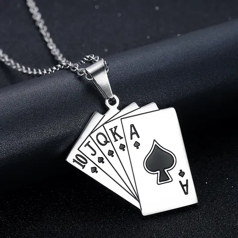 Retro Titanium Steel Poker Royal Flush Spade Pendant Necklace For Men Women Hip Hop Streetwear Enamel Card Jewelry Accessory Gift