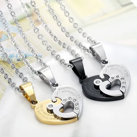 Personalized Heart Puzzle Couple Necklace Stainless Steel Rhinestone Zirconia Pendant Engraved Matching Matching Jewelry Gift