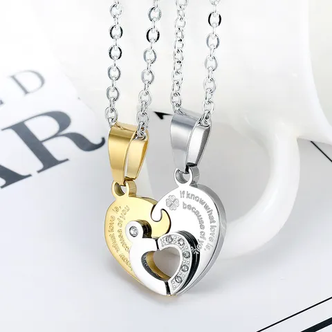 Personalized Heart Puzzle Couple Necklace Stainless Steel Rhinestone Zirconia Pendant Engraved Matching Matching Jewelry Gift
