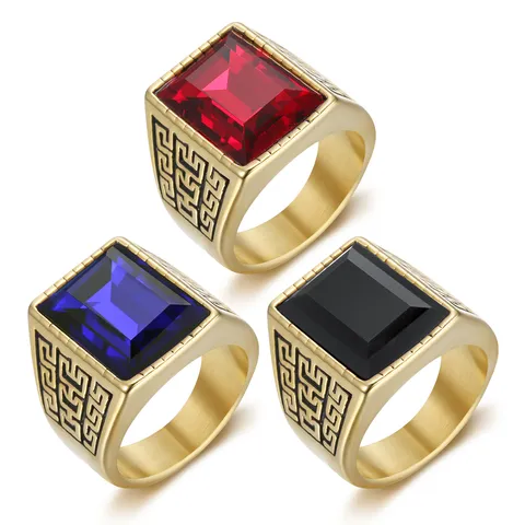 Men's Retro Hip Hop Punk Ring 18K Gold Plated Titanium Steel Square Rhinestone Ring Greek Key Pattern Cross Fashion Jewelry