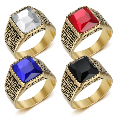 Hip Hop Men Square Rhinestone Ring Gold Plated Titanium Steel Greek Key Pattern Ring Fashion Minimalist Jewelry Birthday Gift