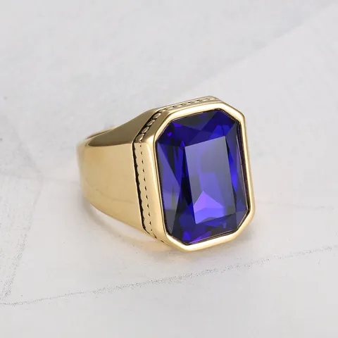 Vintage Stainless Steel Crystal Gemstone Ring For Men Geometric Square Rhinestone Signet Ring Casual Punk Fashion Jewelry Gift