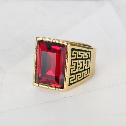 Men's Retro Hip Hop Punk Ring 18K Gold Plated Titanium Steel Square Rhinestone Ring Greek Key Pattern Cross Fashion Jewelry