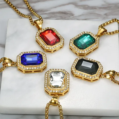 Elegant Square Gemstone Pendant Necklace Stainless Steel Rhinestone Emerald Cut Jewelry Necklaces For Women Gift