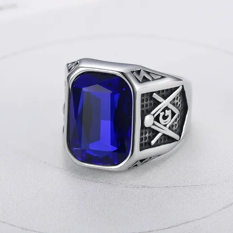 Vintage Men Titanium Steel Masonic Ring Large Rectangular Red Blue Black Rhinestone Hip Hop Fashion Retro G Letter Signet Ring Jewelry