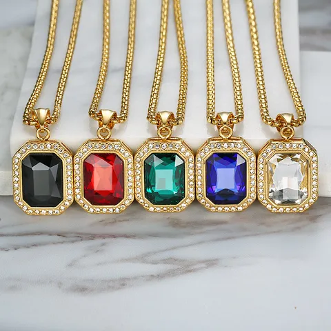 Elegant Square Gemstone Pendant Necklace Stainless Steel Rhinestone Emerald Cut Jewelry Necklaces For Women Gift