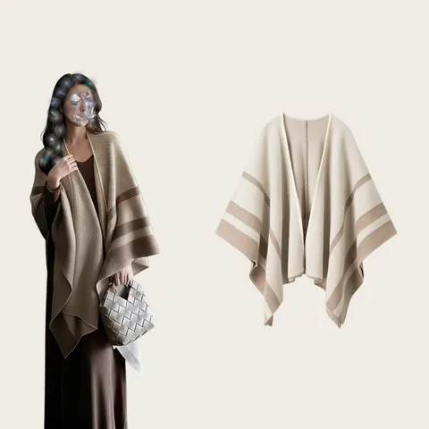 Women's Striped Knit Poncho Cape Cardigan Shawl Oversized Open Front Striped Wrap Cloak Top Winter Fall Cozy Outerwear