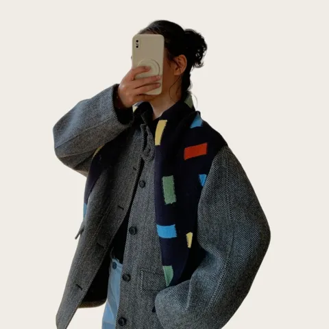 Retro Knitted Color Block Patchwork Triangle Scarf Shawl Women Autumn Winter Warm Geometric Scarf Neck Warmer Wraps
