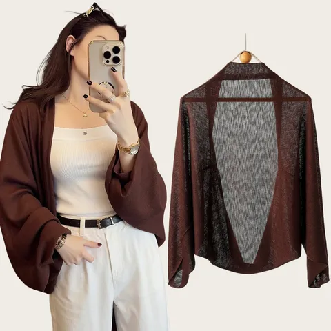 French Style Slub Cotton Knit Cardigan Shawl For Women Lightweight Batwing Sleeve Sun Protection Cover Up Open Front Outerwear Top
