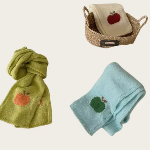 Japanese Style Cute Apple Knit Core-Spun Yarn Narrow Long Scarf For Women Autumn Winter Warm Knitted Neck Warmer Neckwear Accessories
