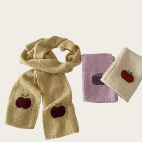 Japanese Style Cute Apple Knit Core-Spun Yarn Narrow Long Scarf For Women Autumn Winter Warm Knitted Neck Warmer Neckwear Accessories