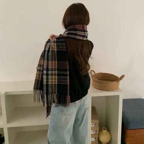 Damen Koreanischer Stil Karierter Quasten Schal Winter Warm Polyester Kaschmirimitat Schal Für Mantel Windjacke Wrap