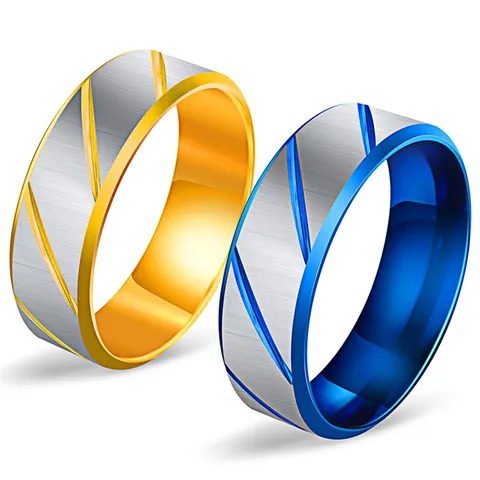 Brushed Titanium Steel Ring For Men Women Trendy Blue Gold Two Tone Diagonal Grooves Finger Ring Fashion Jewelry Gift