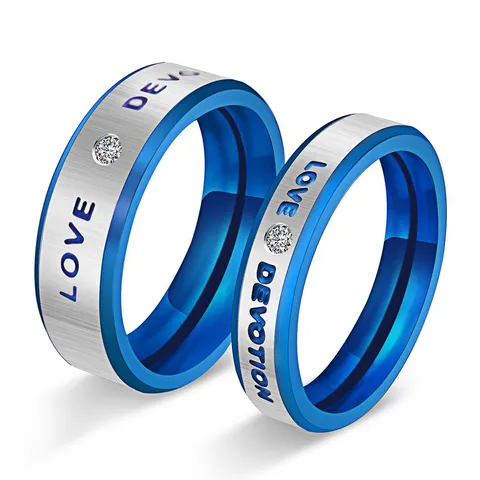 LOVE DEVOTION Titanium Steel Couple Rings Fashion Two-Tone Silver Blue Polished Engraved Ring for Men Women Rhinestone Wedding Band Jewelry