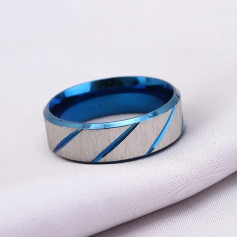 Brushed Titanium Steel Ring For Men Women Trendy Blue Gold Two Tone Diagonal Grooves Finger Ring Fashion Jewelry Gift