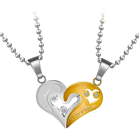 Fashion Heart Puzzle Couple Pendant Titanium Steel Necklace I Love You Engraved Rhinestone Jewelry Lovers Pendant