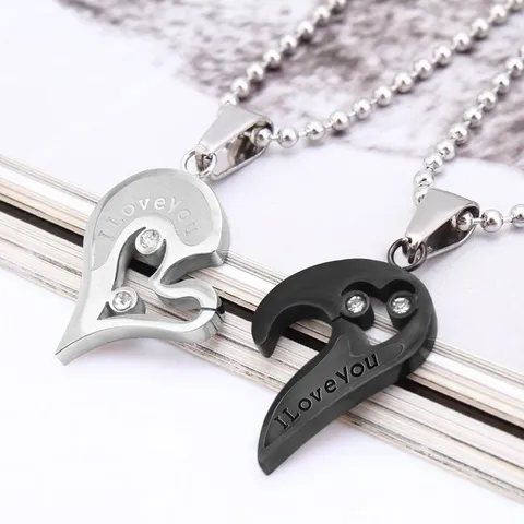 Fashion Heart Puzzle Couple Pendant Titanium Steel Necklace I Love You Engraved Rhinestone Jewelry Lovers Pendant
